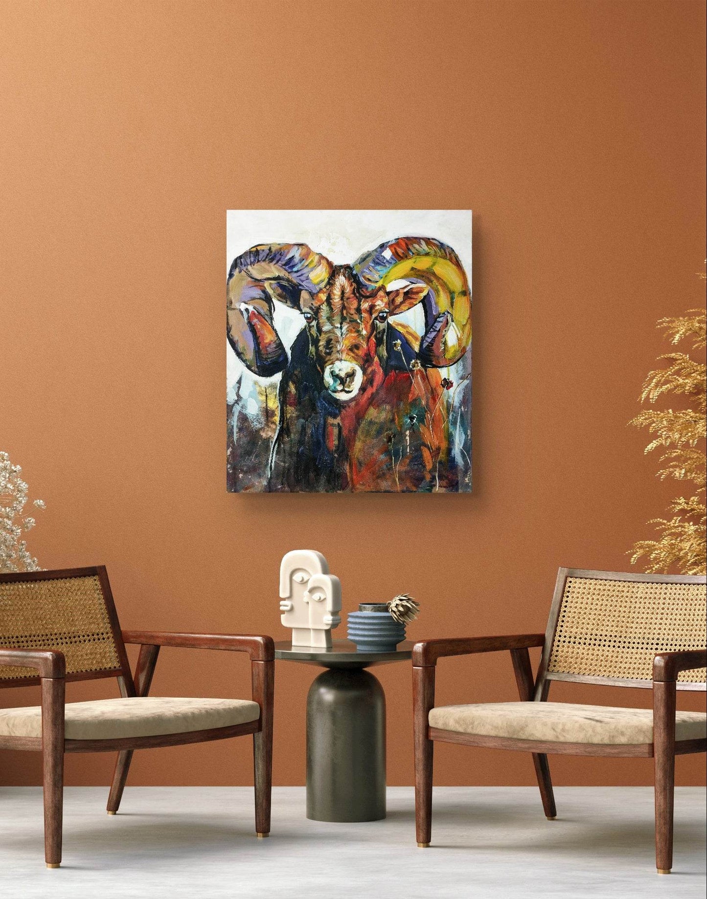 H1Z ART Acrylbild Gemälde bunter Steinbock – handgemaltes Original Acrylbild (60 x 70 cm)