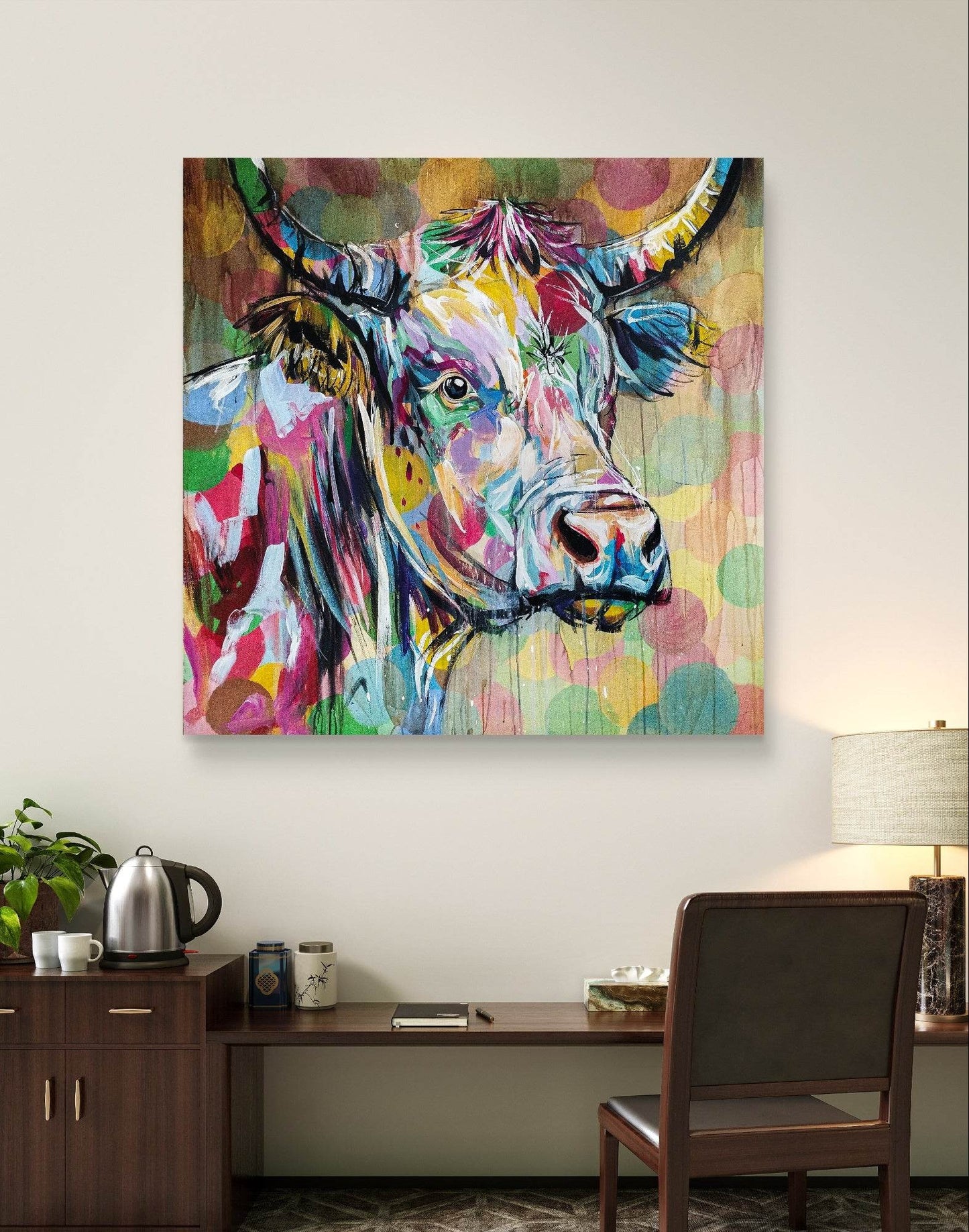 H1Z ART Acrylbild Gemälde bunte Kuh – handgemaltes Original Acrylbild (120 x 120 cm)