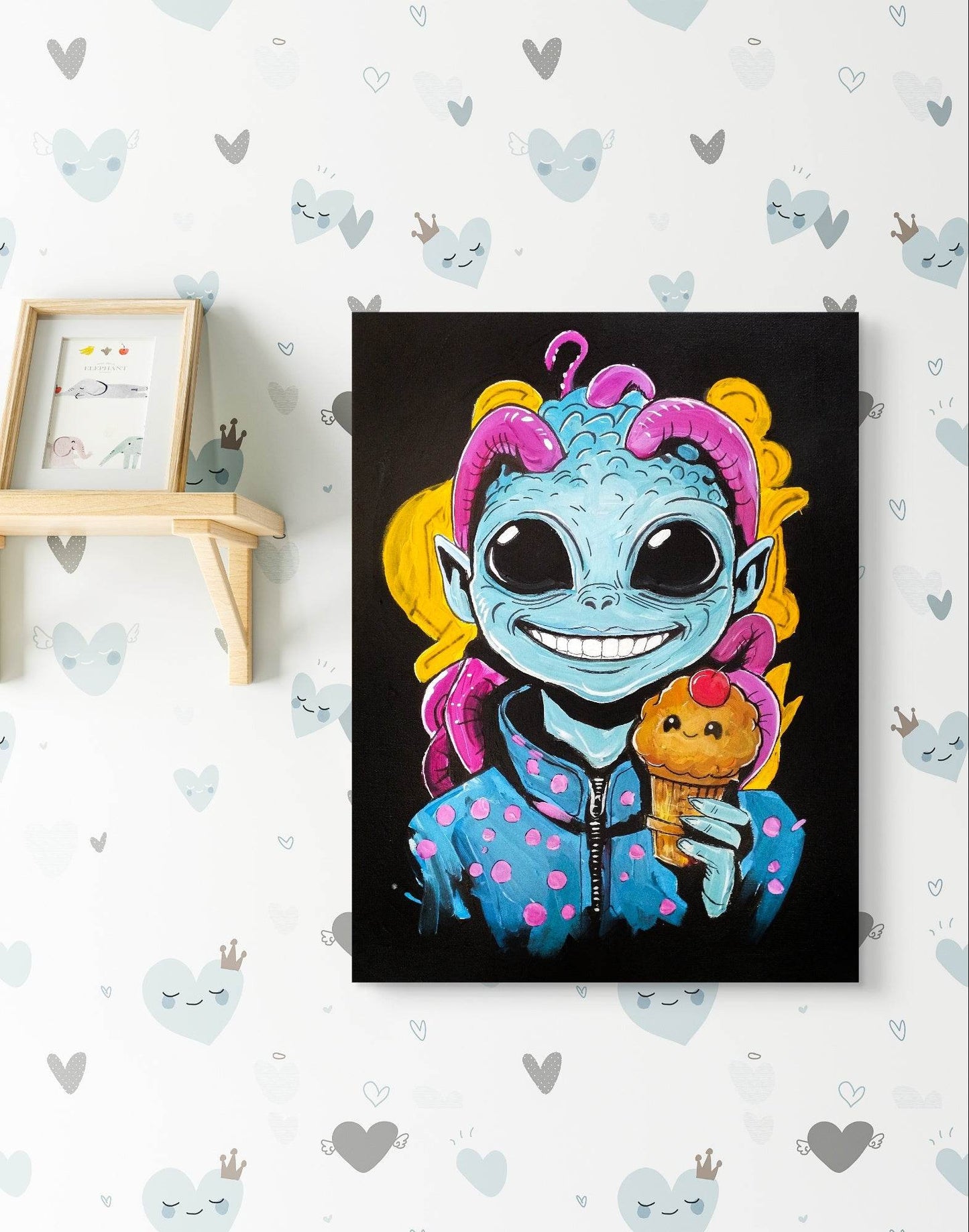H1Z ART Acrylbild Gemälde Alien mit Mufin – handgemaltes Original Acrylbild (30 x 40 cm)