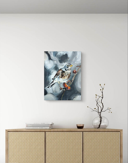 Expressiv-realistisches Gemälde Wacholderdrossel – handgemaltes Original Acrylbild (30 x 40 cm) auf Leinwand von H1Z ART in lebendiger Atmosphäre