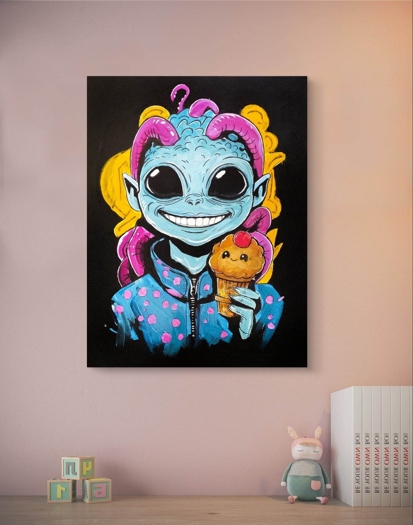 H1Z ART Acrylbild Gemälde Alien mit Mufin – handgemaltes Original Acrylbild (30 x 40 cm)