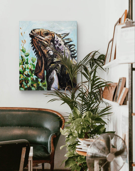Expressiv-realistisches Gemälde Leguan – handgemaltes Original Acrylbild (40 x 50 cm) auf Leinwand von H1Z ART in lebendiger Atmosphäre