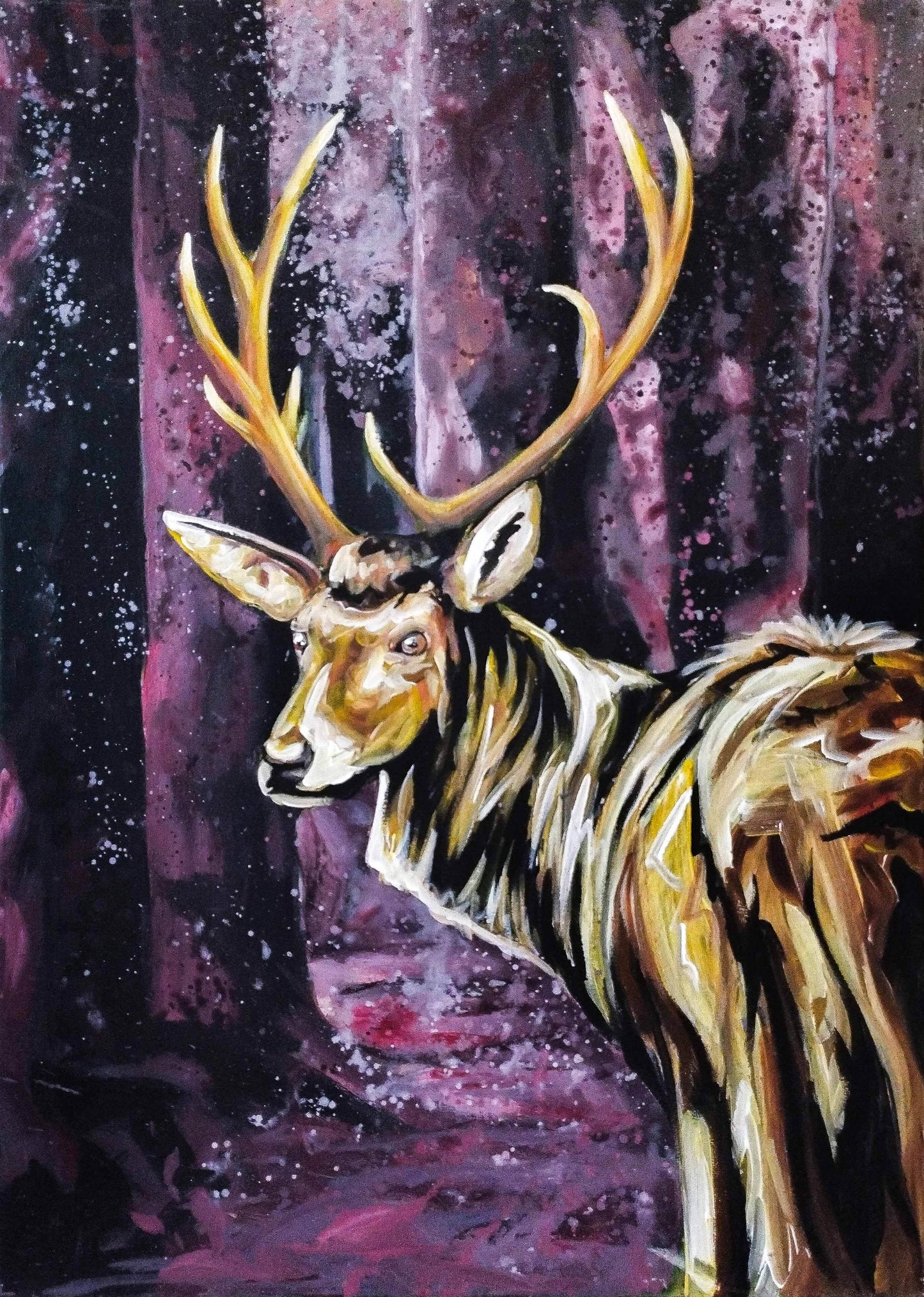 H1Z ART Acrylbild Gemälde Goldener Reh – handgemaltes Original Acrylbild (50 x 70 cm)