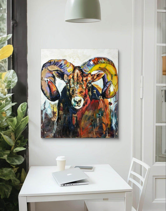 Expressiv-realistisches Gemälde bunter Steinbock – handgemaltes Original Acrylbild (60 x 70 cm) auf Leinwand von H1Z ART in lebendiger Atmosphäre