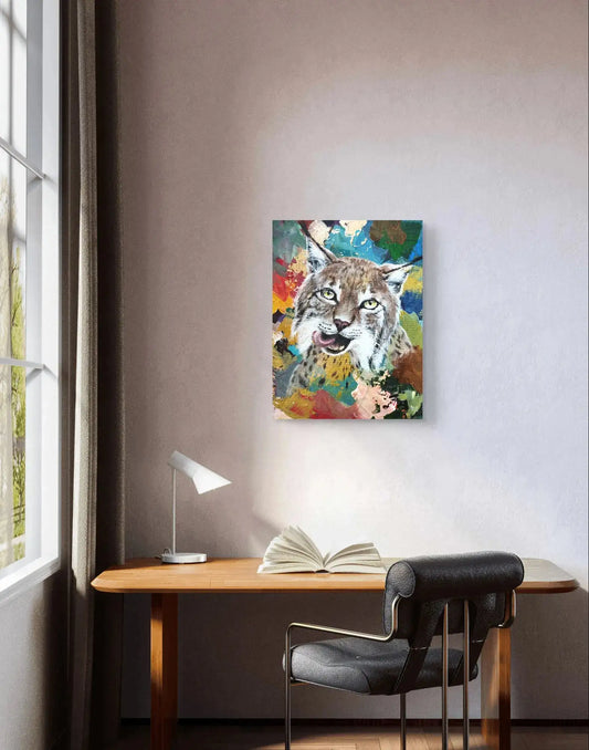 Handgemaltes Luchs Acrylgemälde 30×40 cm – präzises Wildkatzenporträt in Gold und Braun