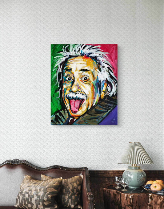 Expressiv-realistisches Gemälde lustiger Einstein Original Acrylbild (50 x 60 cm) auf Leinwand von H1Z ART in lebendiger Atmosphäre