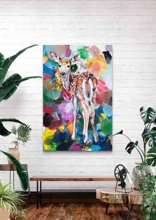 Expressiv-realistisches Gemälde Reh – handgemaltes Original Acrylbild (116 x 74 cm) auf Leinwand von H1Z ART in lebendiger Atmosphäre