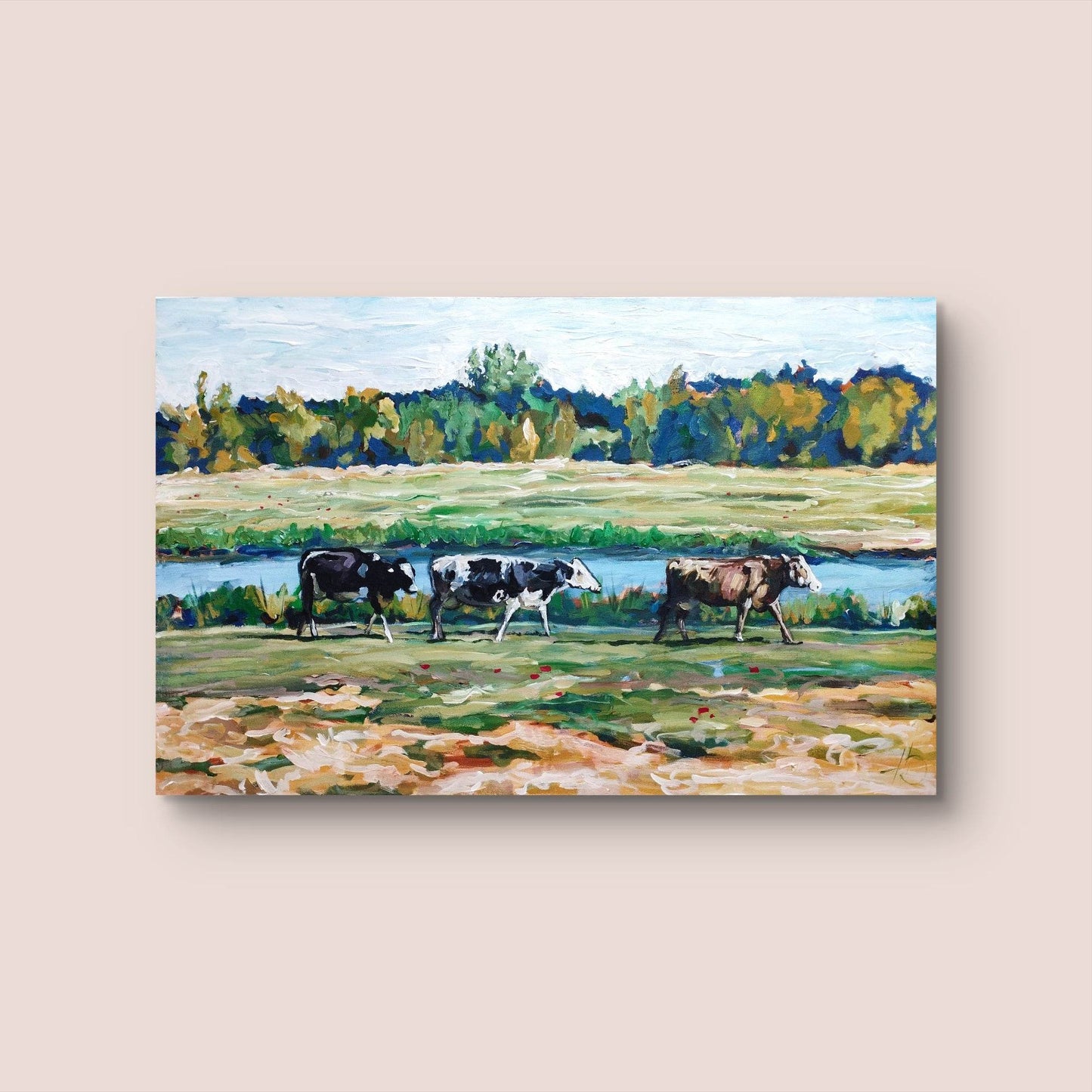 H1Z ART Acrylbild Gemälde Kühe am Flussufer – handgemaltes Original Acrylbild (95 x 60 cm)