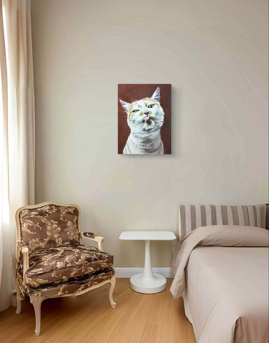 Expressiv-realistisches Gemälde freche Katze – handgemaltes Original Acrylbild (30 x 40 cm) auf Leinwand von H1Z ART in lebendiger Atmosphäre