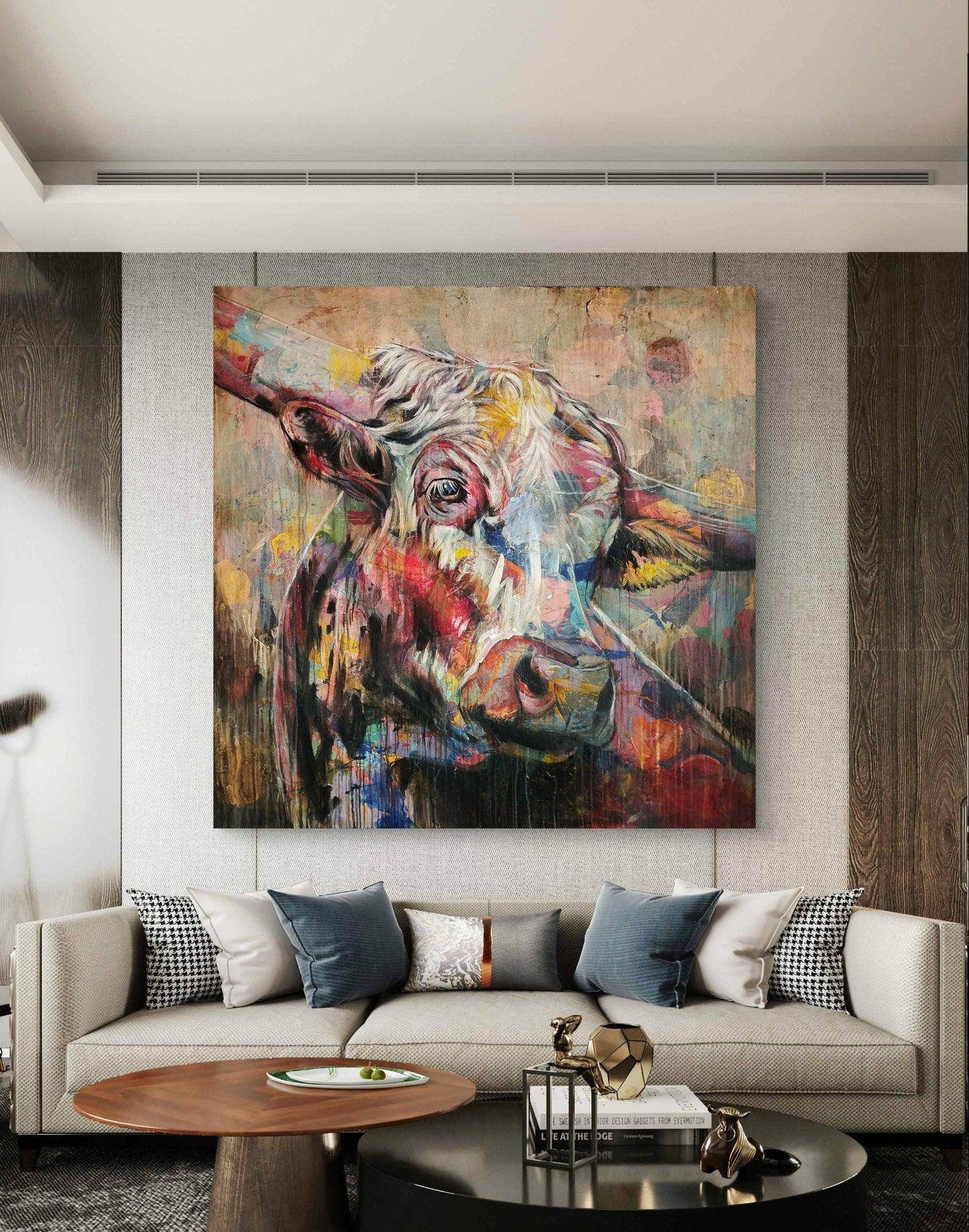 H1Z ART Acrylbild Gemälde Mozarts Kuh – handgemaltes Original Acrylbild (140 x 140 cm)