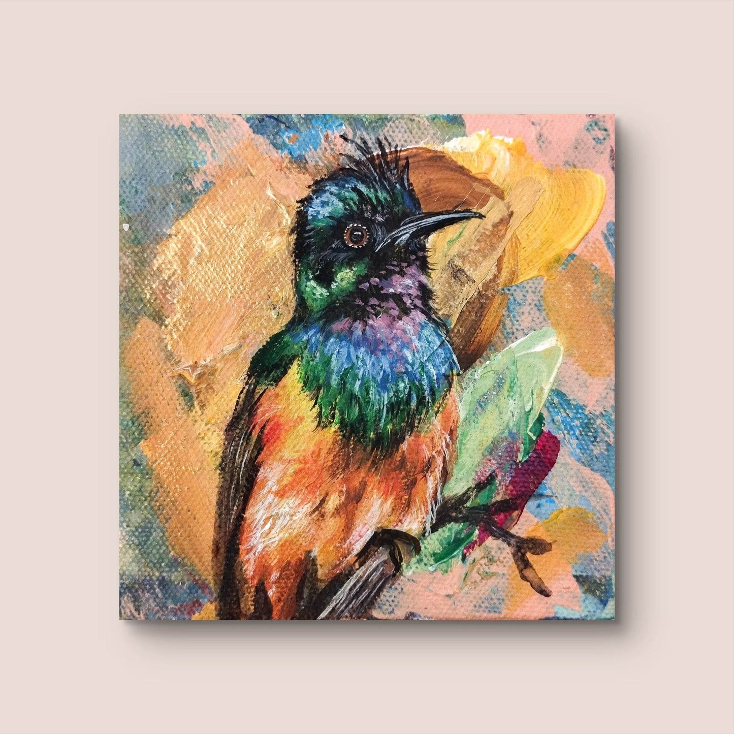 H1Z ART Acrylbild Gemälde Goldbrust-Nektarvogel – handgemaltes Original Acrylbild (10 x 10 cm)