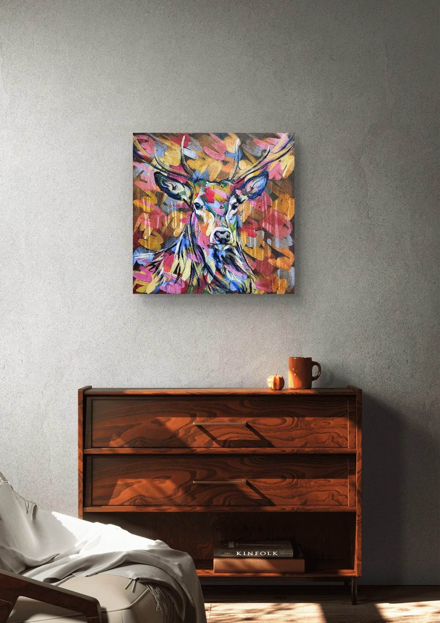 H1Z ART Acrylbild Gemälde Reh im Abendrot – handgemaltes Original Acrylbild (60 x 60 cm)