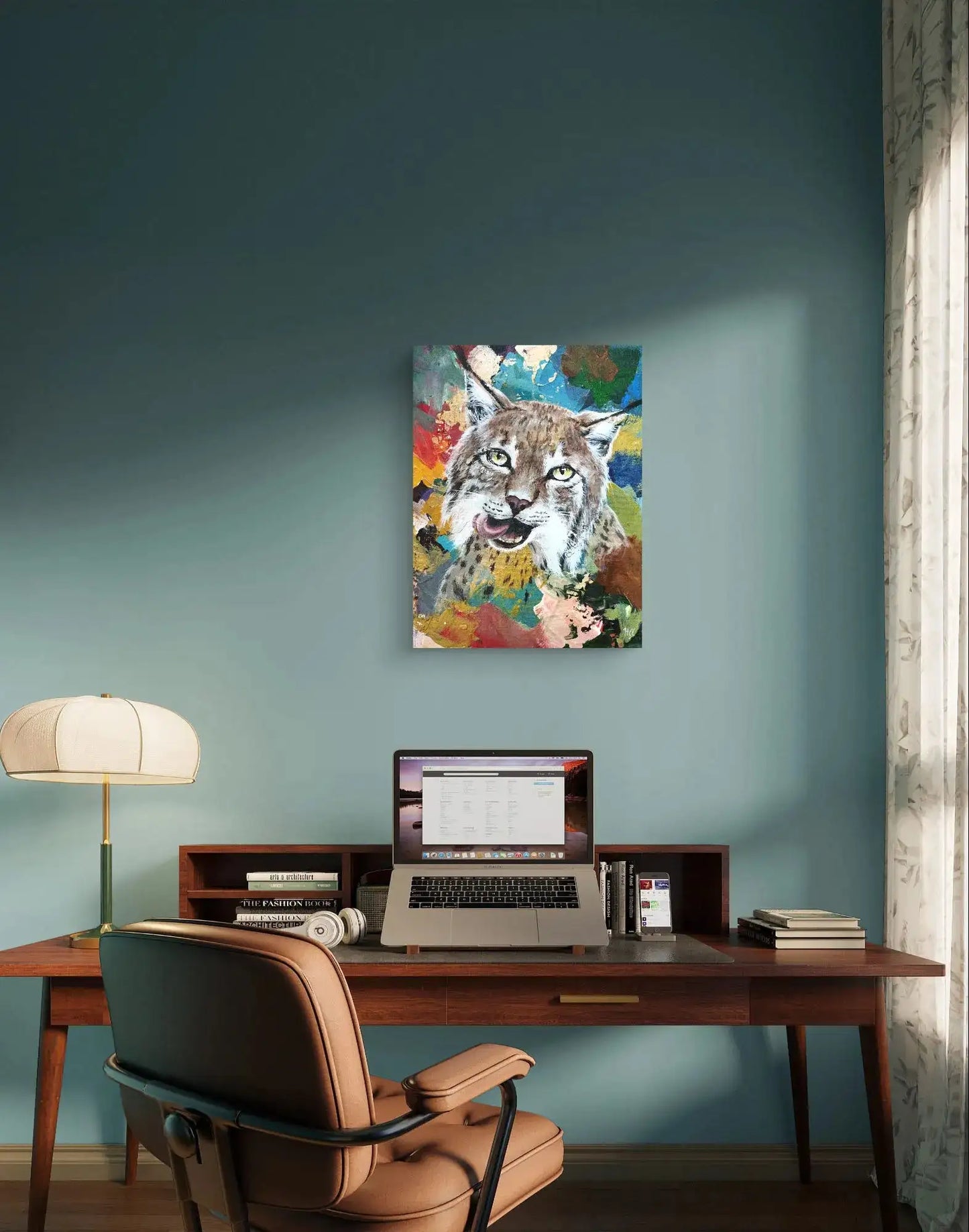 Handgemaltes Luchs Acrylgemälde 30×40 cm – präzises Wildkatzenporträt in Gold und Braun