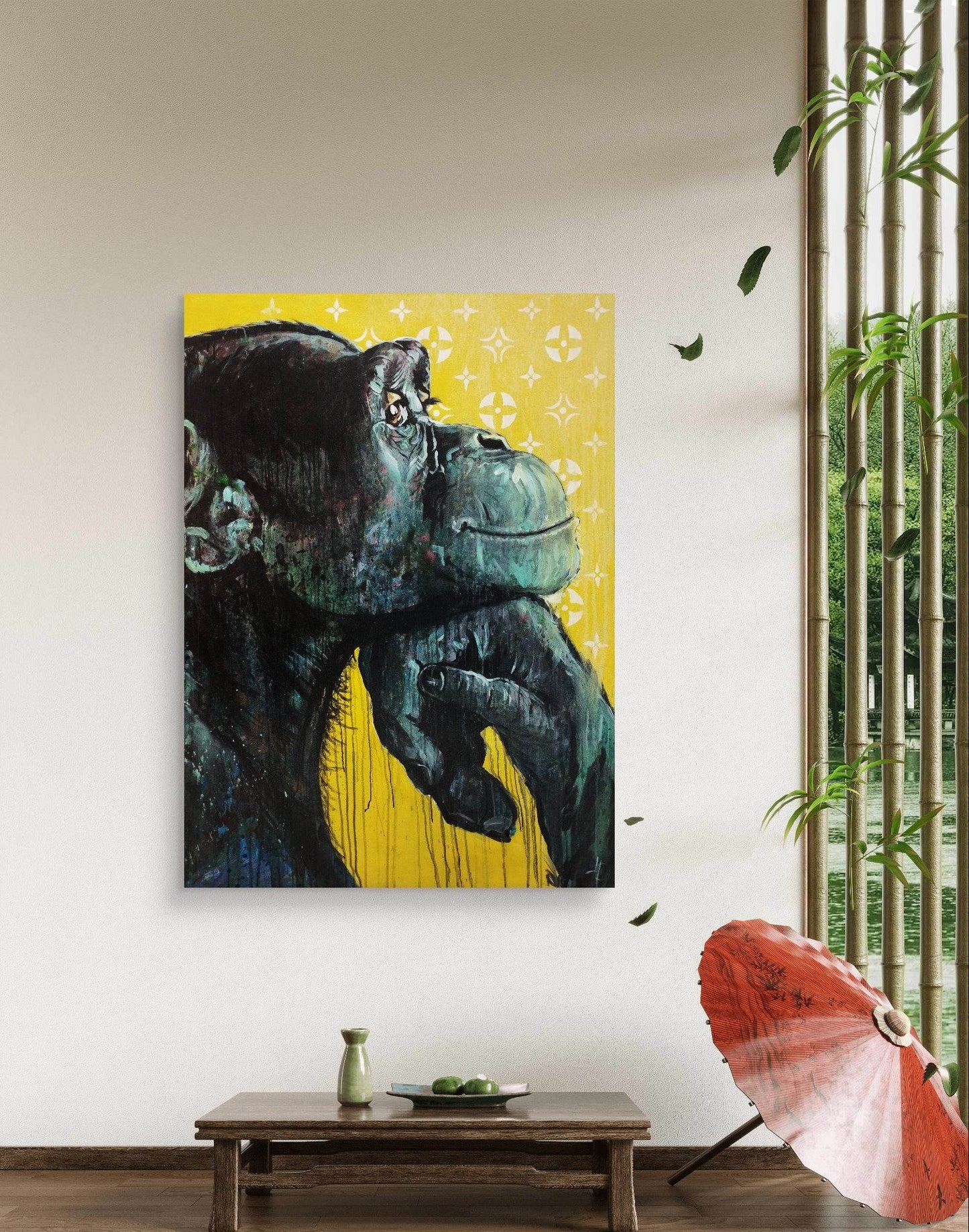 H1Z ART Acrylbild Gemälde denkender Affe – handgemaltes Original Acrylbild (128 x 93 cm)