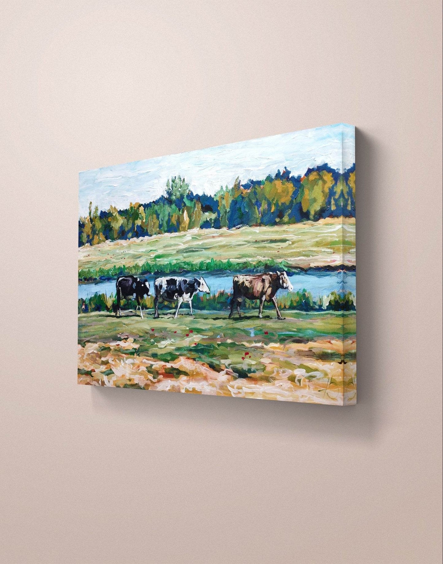 H1Z ART Acrylbild Gemälde Kühe am Flussufer – handgemaltes Original Acrylbild (95 x 60 cm)
