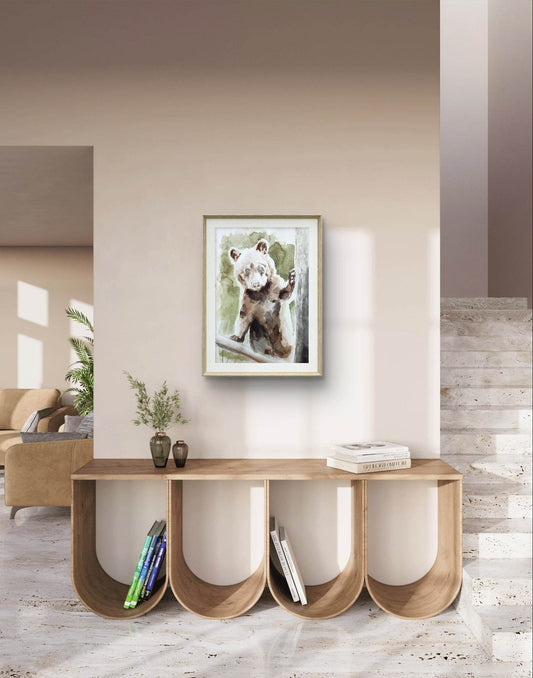 Expressiv-realistisches Aquarellbild "Der kleine Bär" (30 × 40 cm) auf Leinwand von H1Z ART in lebendiger Atmosphäre