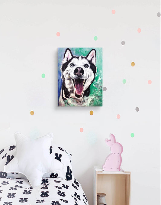 Expressiv-realistisches Gemälde Husky – handgemaltes Original Acrylbild (30 x 40 cm) auf Leinwand von H1Z ART in lebendiger Atmosphäre
