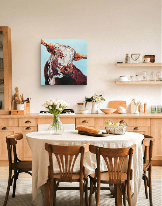 Expressiv-realistisches Gemälde Kuh – handgemaltes Original Acrylbild (60 x 60 cm) auf Leinwand von H1Z ART in lebendiger Atmosphäre
