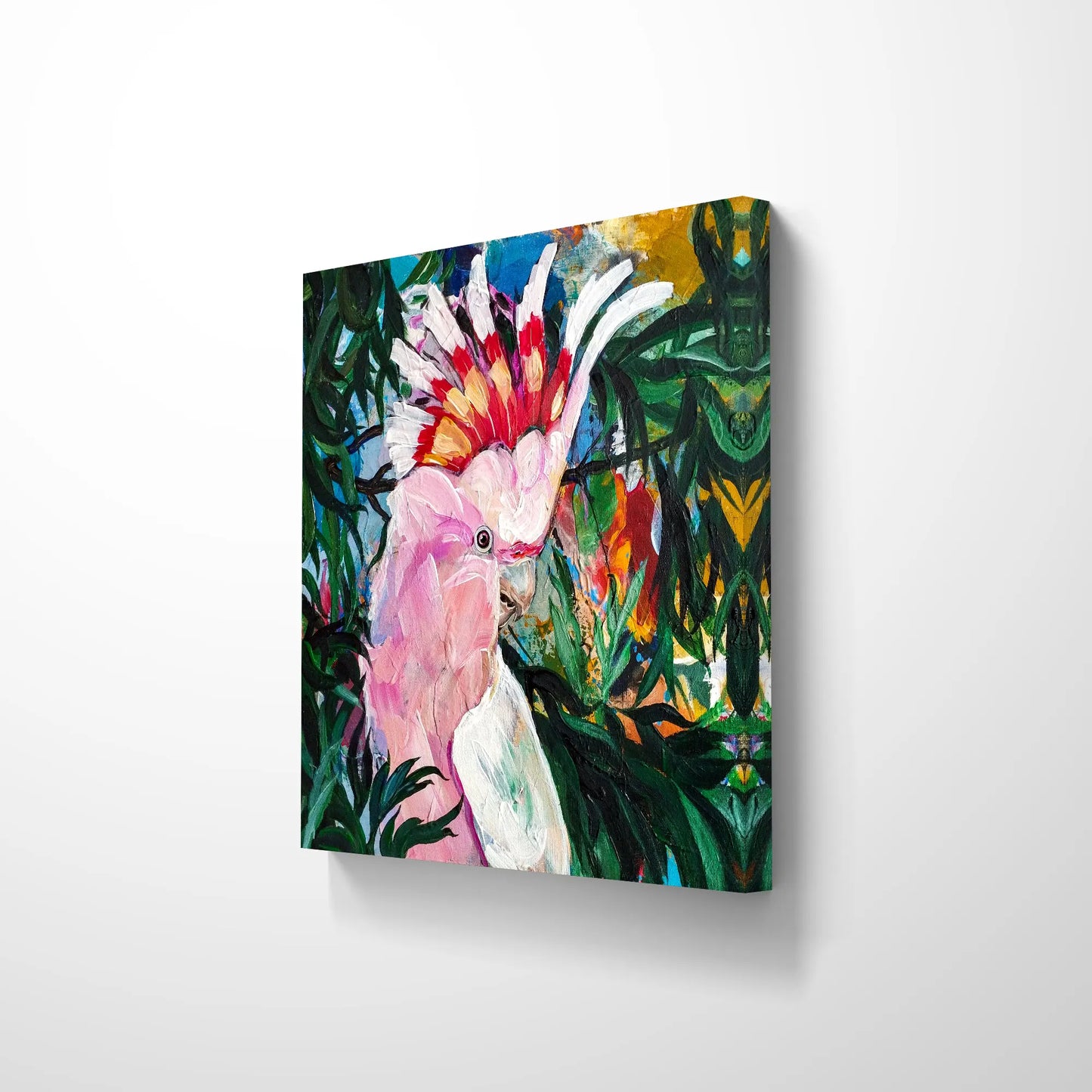 H1Z ART Acrylbild Gemälde Versteckter Rosakakadu – handgemaltes Original Acrylbild (40 x 40 cm)