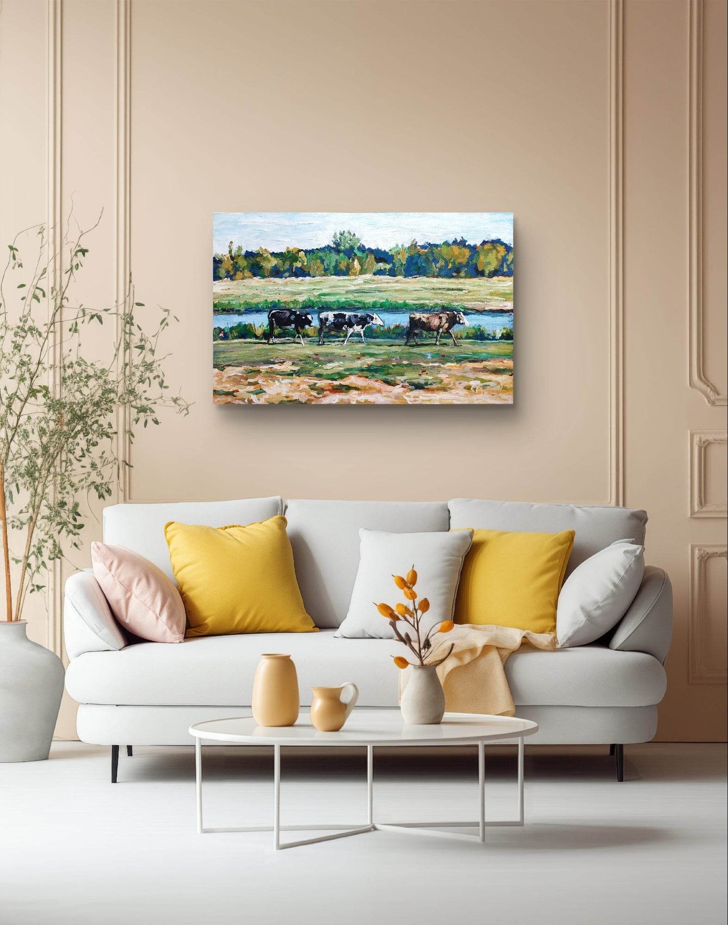 H1Z ART Acrylbild Gemälde Kühe am Flussufer – handgemaltes Original Acrylbild (95 x 60 cm)