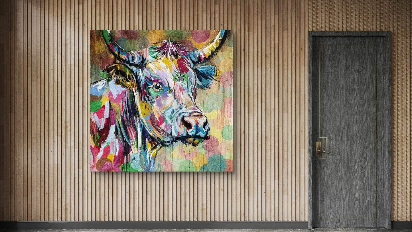 H1Z ART Acrylbild Gemälde bunte Kuh – handgemaltes Original Acrylbild (120 x 120 cm)
