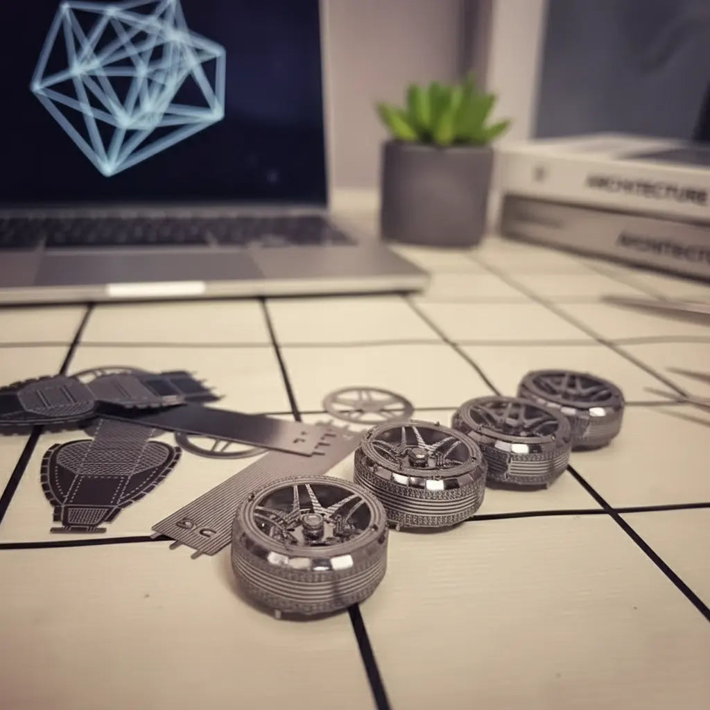 Detailaufnahme der glänzenden Metall-Einzelteile des 3D-Puzzles: Vier fertig montierte Felgen liegen neben flachen Bauteilen.