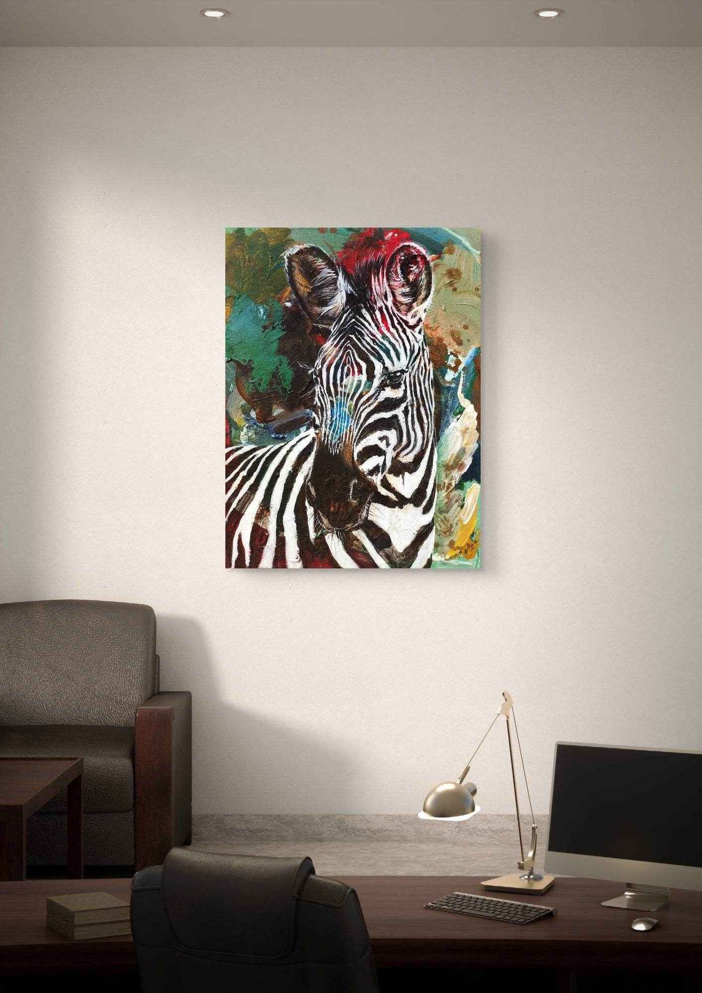 Handgemaltes Zebra Acrylgemälde 30×40 cm – neugieriger Blick, präzises Streifenmuster auf Leinwand
