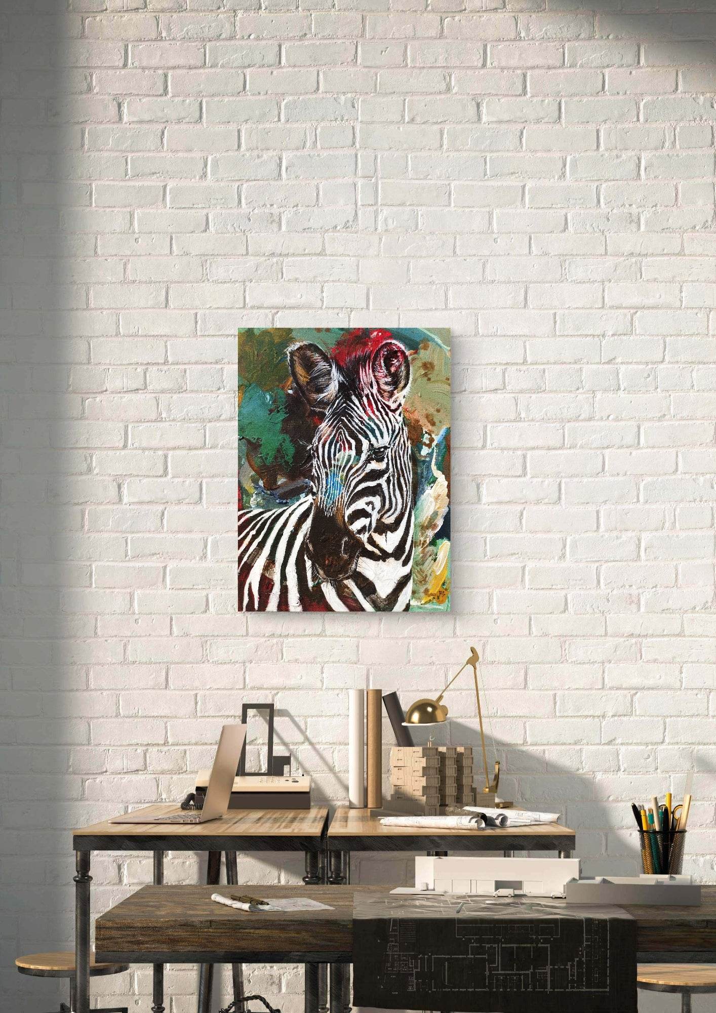 Gemälde Zebra in grün – handgemaltes Original Acrylbild (30 x 40 cm)