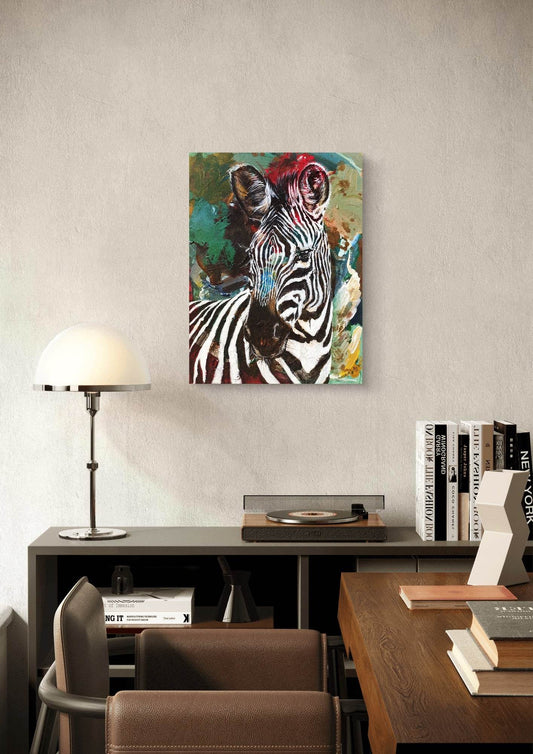 Expressiv-realistisches Gemälde Neugieriges Zebra – handgemaltes Original Acrylbild (30 x 40 cm) auf Leinwand von H1Z ART in lebendiger Atmosphäre