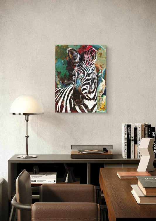 Expressiv-realistisches Gemälde Neugieriges Zebra – handgemaltes Original Acrylbild (30 x 40 cm) auf Leinwand von H1Z ART in lebendiger Atmosphäre