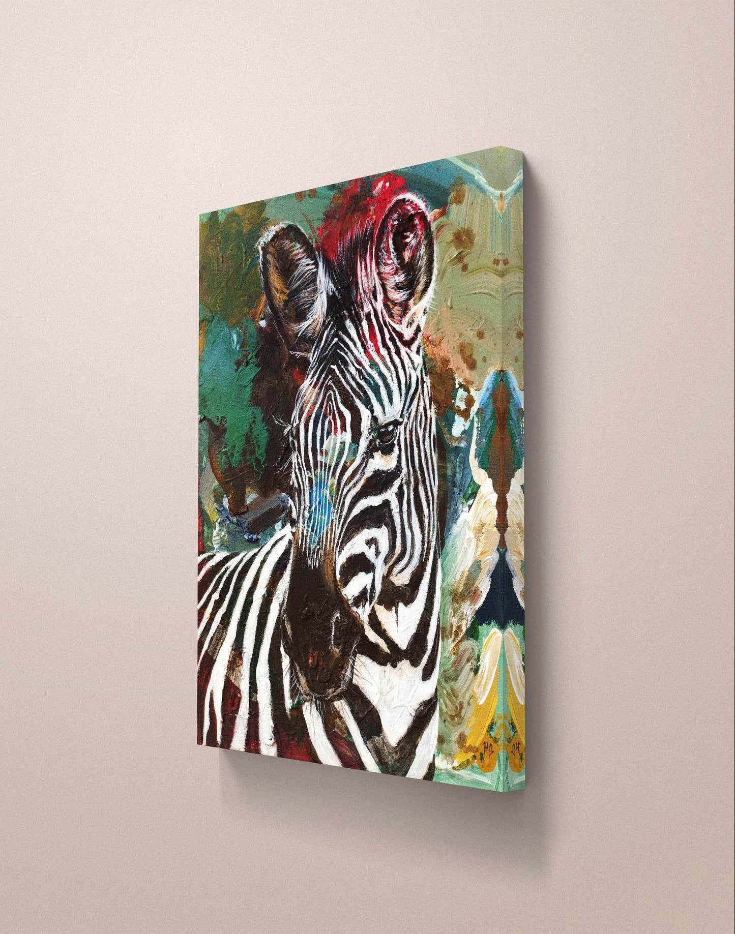 Expressiv-realistisches Gemälde Neugieriges Zebra – handgemaltes Original Acrylbild (30 x 40 cm) auf Leinwand von H1Z ART in lebendiger Atmosphäre