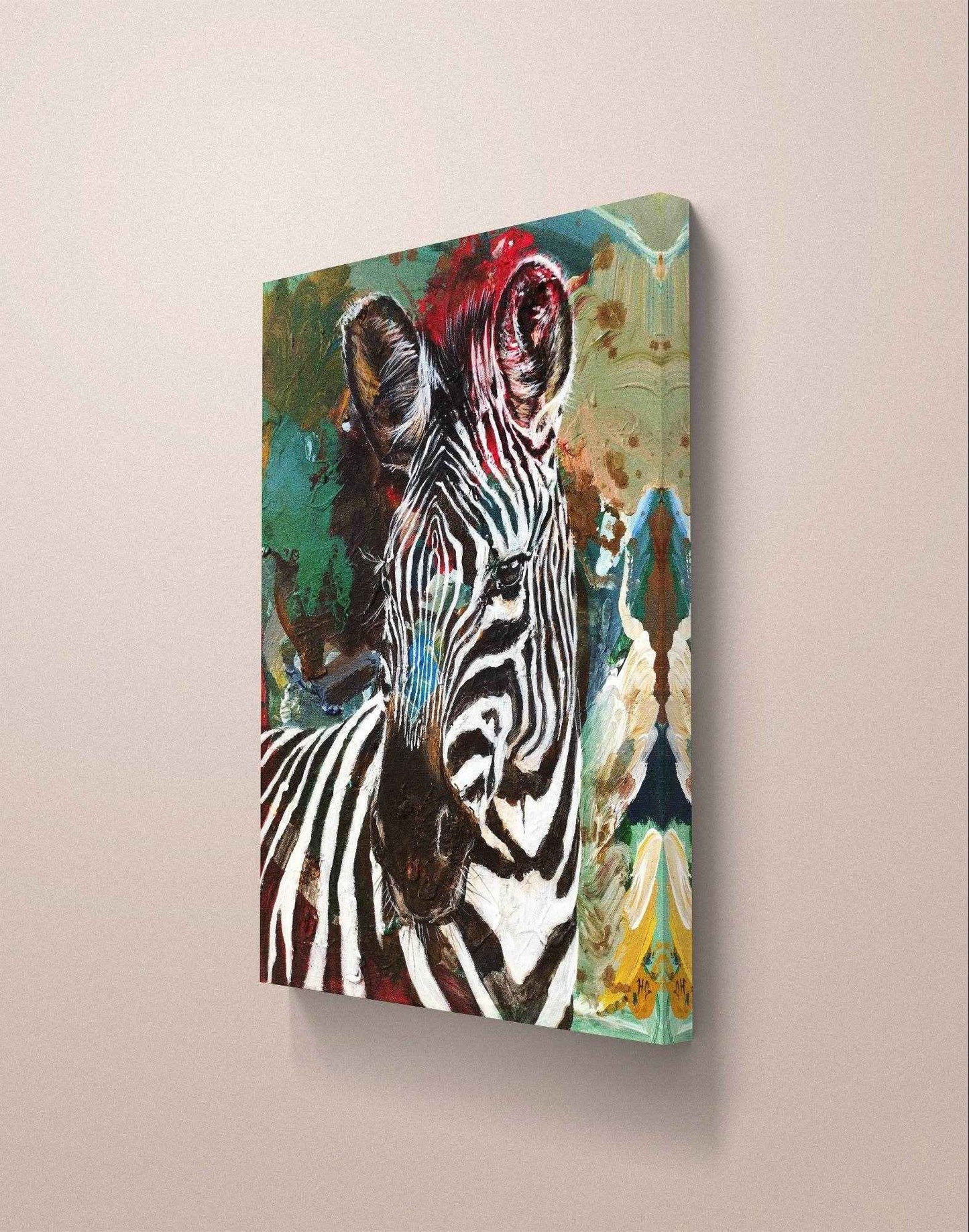 Expressiv-realistisches Gemälde Neugieriges Zebra – handgemaltes Original Acrylbild (30 x 40 cm) auf Leinwand von H1Z ART in lebendiger Atmosphäre