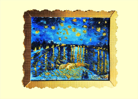 Expressiv-realistisches Grußkarte "Sternennacht über der Rhône nach van Gogh" – Handgemalt auf Leinwand von H1Z ART in lebendiger Atmosphäre