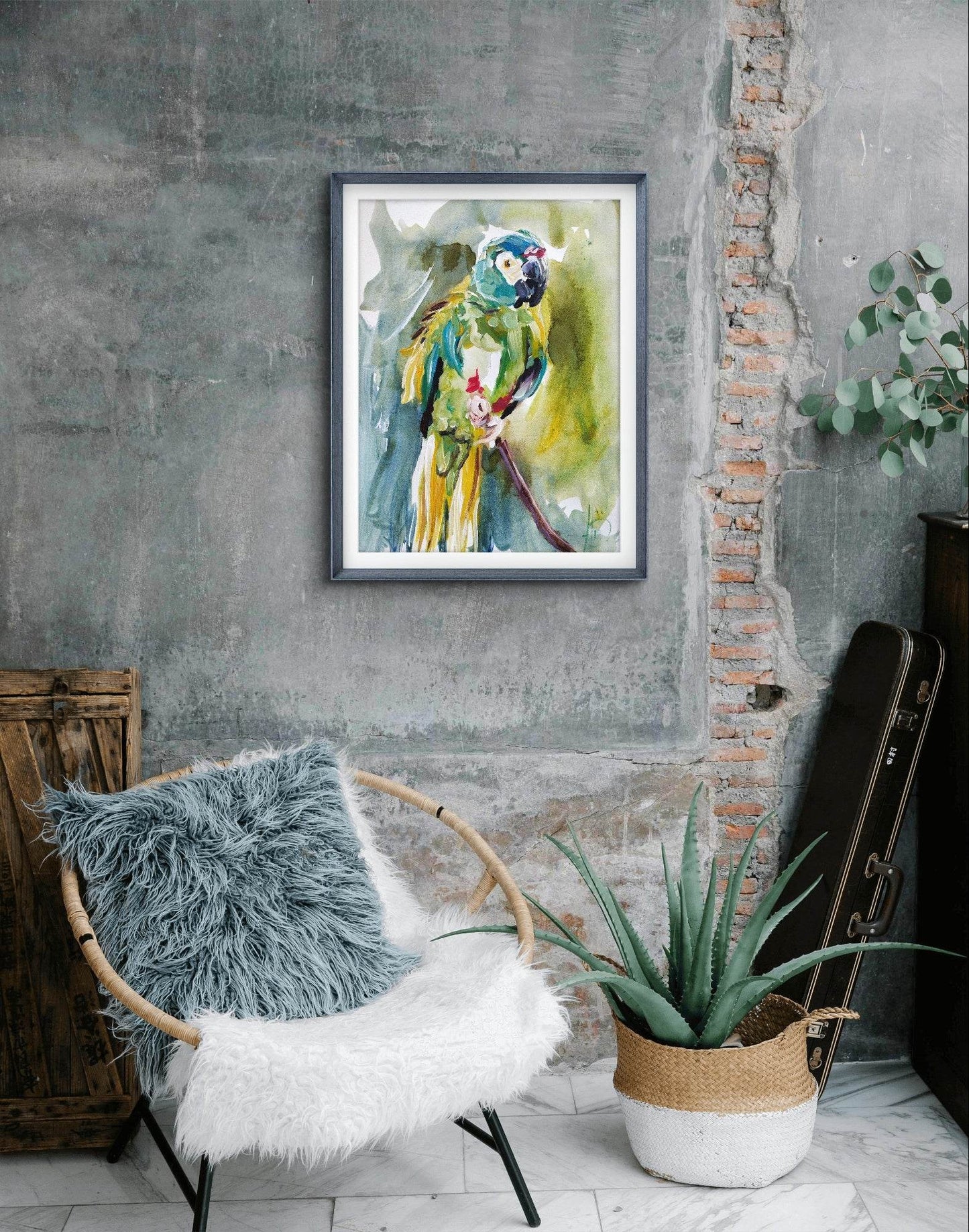 H1Z ART Acrylbild Aquarellbild "Papagei im Grün" (30 × 40 cm)