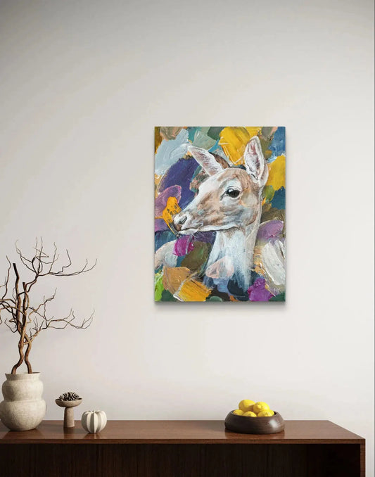 Expressiv-realistisches Gemälde Sanftes Reh – handgemaltes Original Acrylbild (30 x 40 cm) auf Leinwand von H1Z ART in lebendiger Atmosphäre