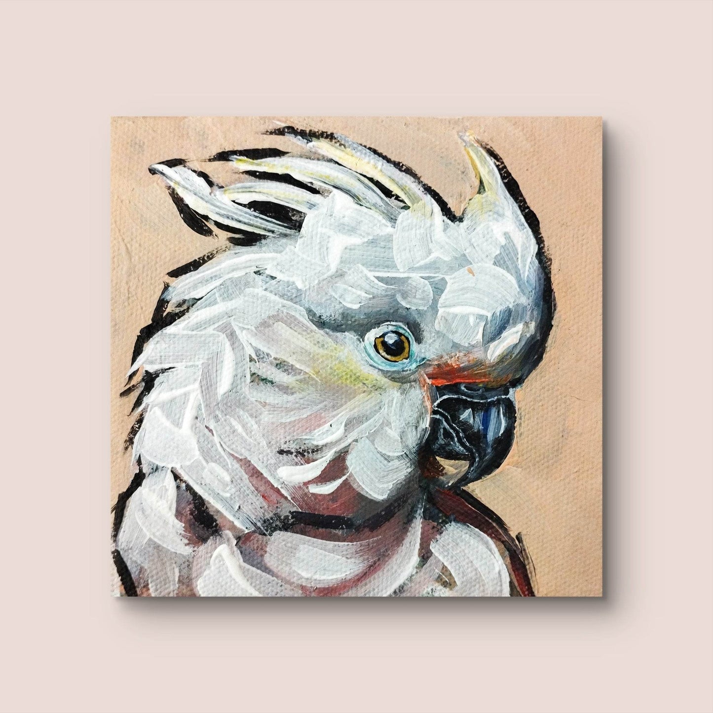 H1Z ART Acrylbild Gemälde Weißhaubenkakdu – handgemaltes Original Acrylbild (10 x 10 cm)