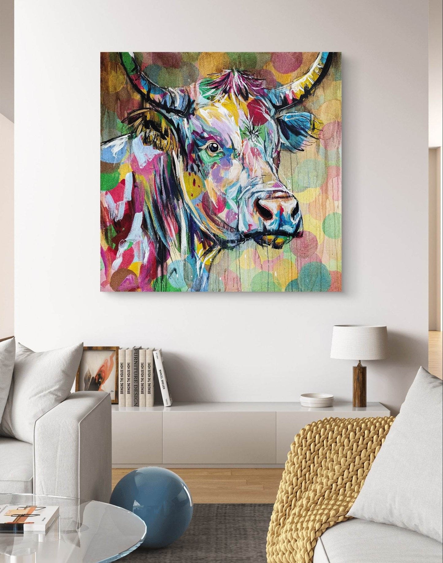 H1Z ART Acrylbild Gemälde bunte Kuh – handgemaltes Original Acrylbild (120 x 120 cm)