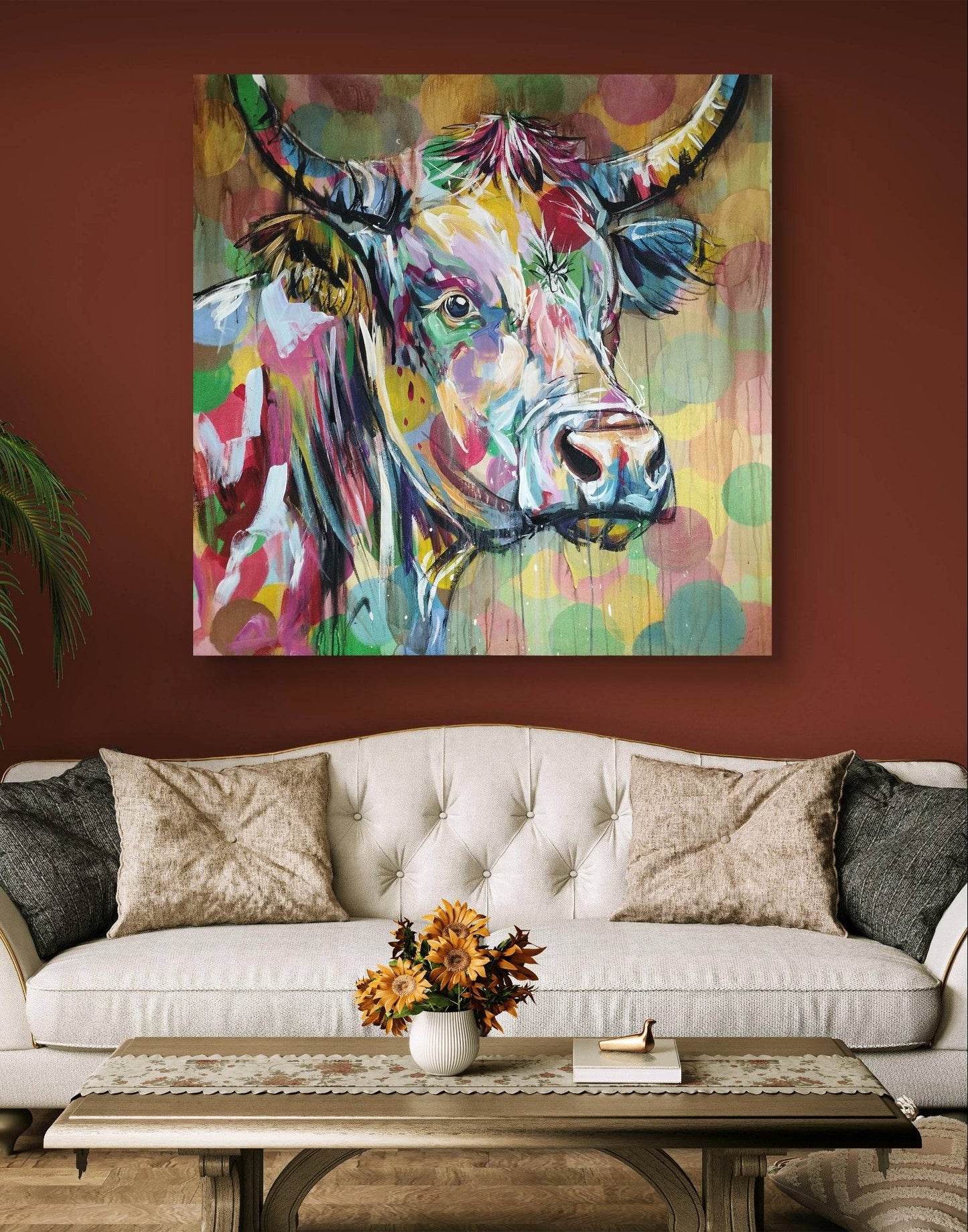 H1Z ART Acrylbild Gemälde bunte Kuh – handgemaltes Original Acrylbild (120 x 120 cm)