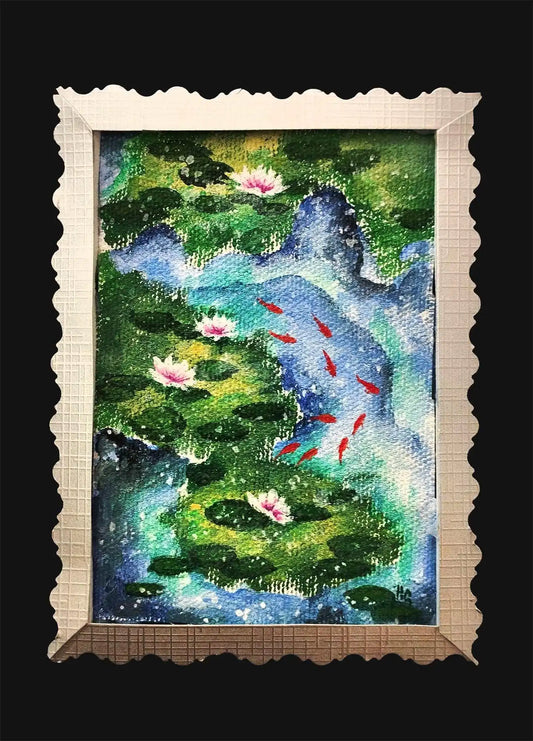 Expressiv-realistisches Grußkarte "Teich mit Seerosen" – Handgemalt auf Leinwand von H1Z ART in lebendiger Atmosphäre