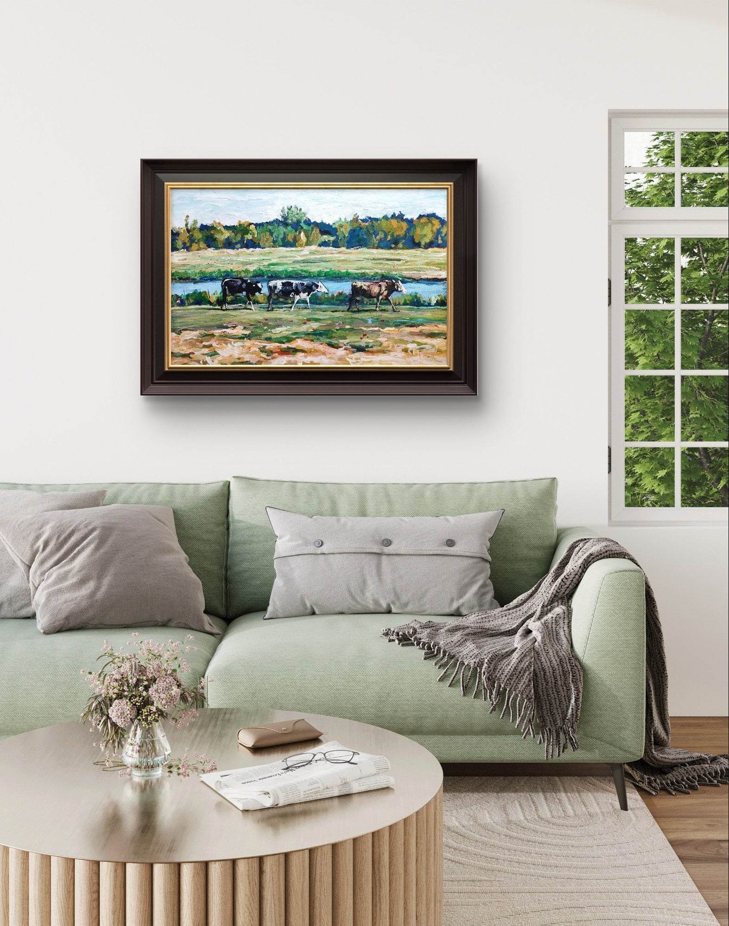 H1Z ART Acrylbild Gemälde Kühe am Flussufer – handgemaltes Original Acrylbild (95 x 60 cm)