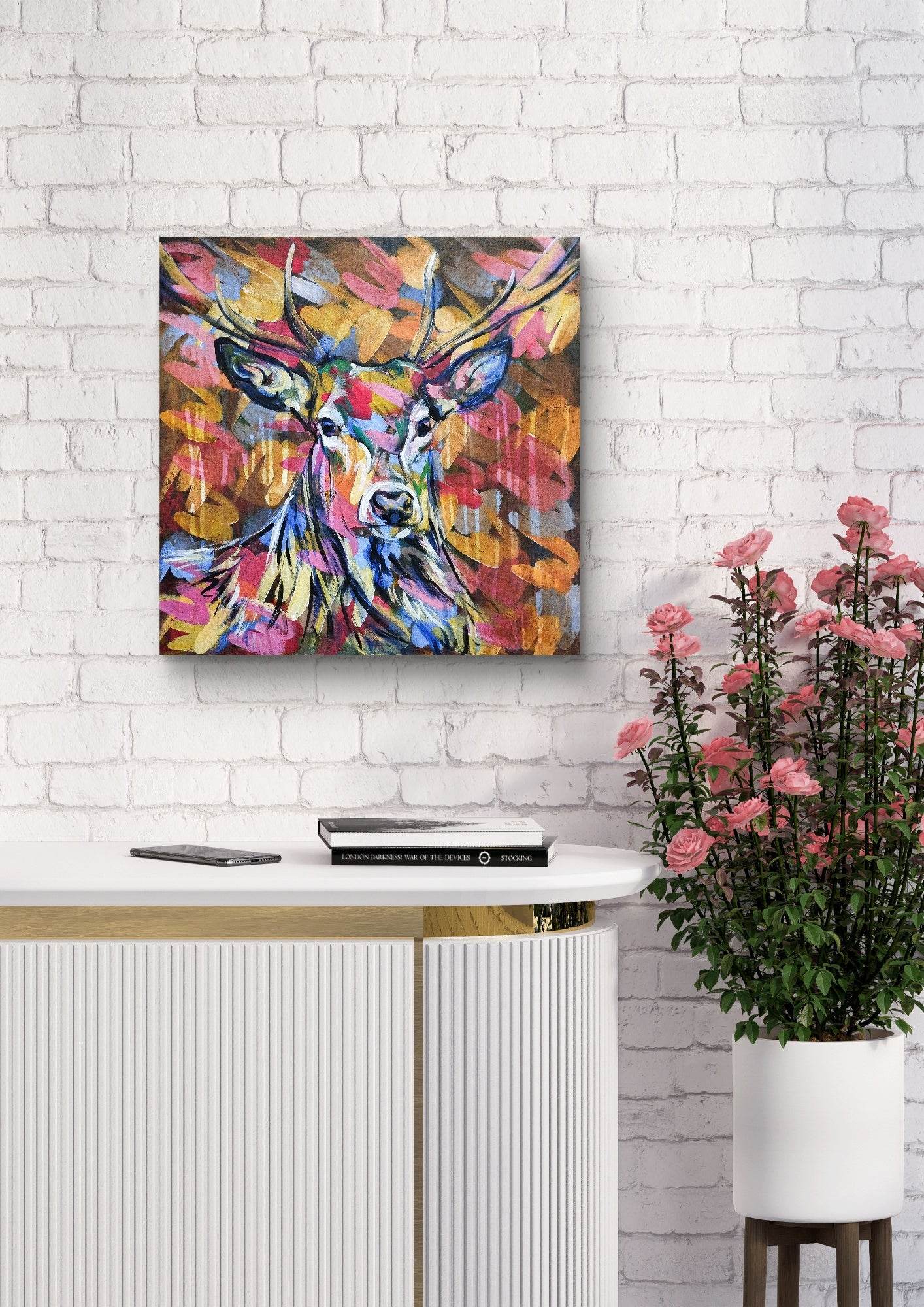 H1Z ART Acrylbild Gemälde Reh im Abendrot – handgemaltes Original Acrylbild (60 x 60 cm)