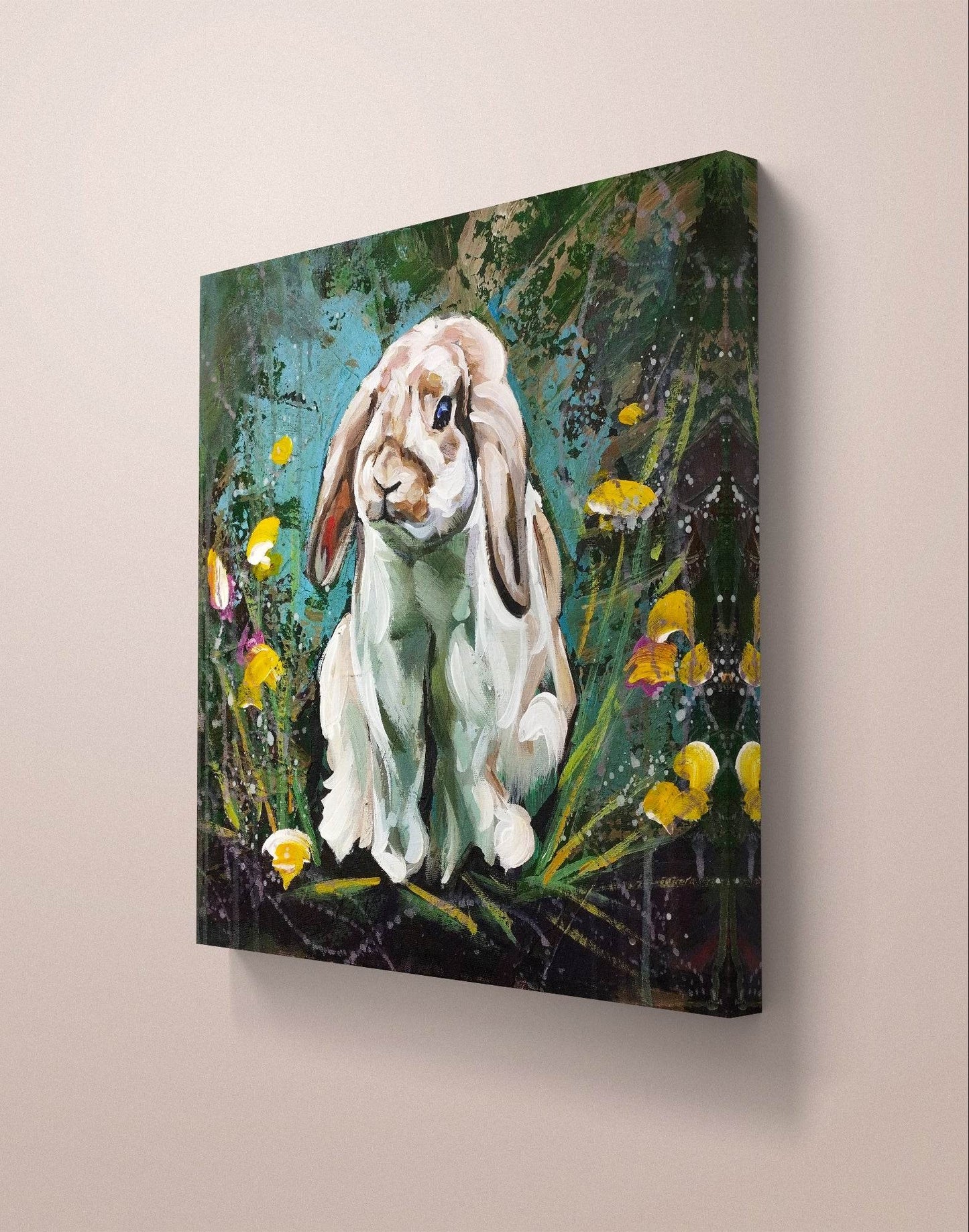 H1Z ART Acrylbild Gemälde Kaninchen im Blumenmeer – handgemaltes Original Acrylbild (40 x 40 cm)