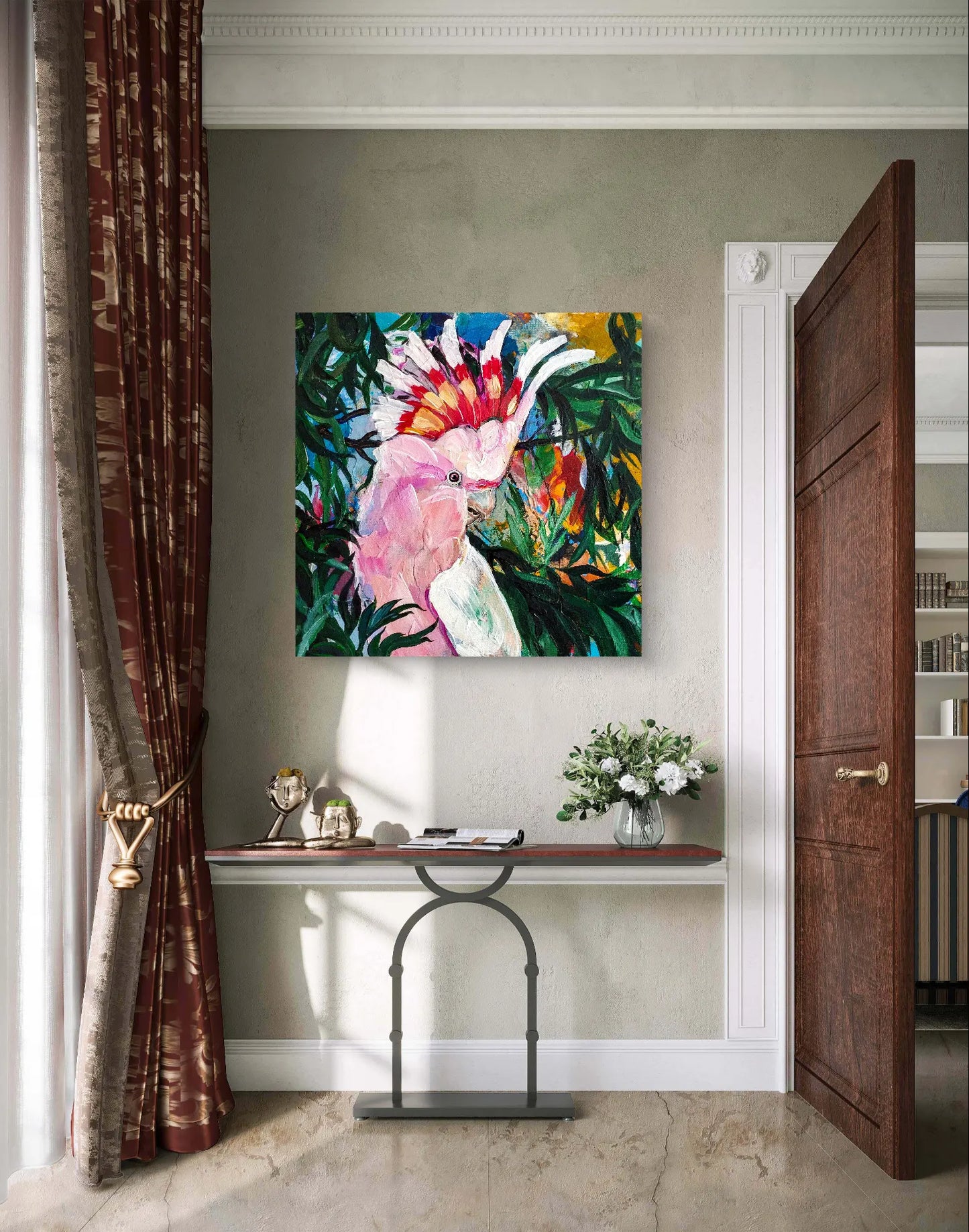 H1Z ART Acrylbild Gemälde Versteckter Rosakakadu – handgemaltes Original Acrylbild (40 x 40 cm)