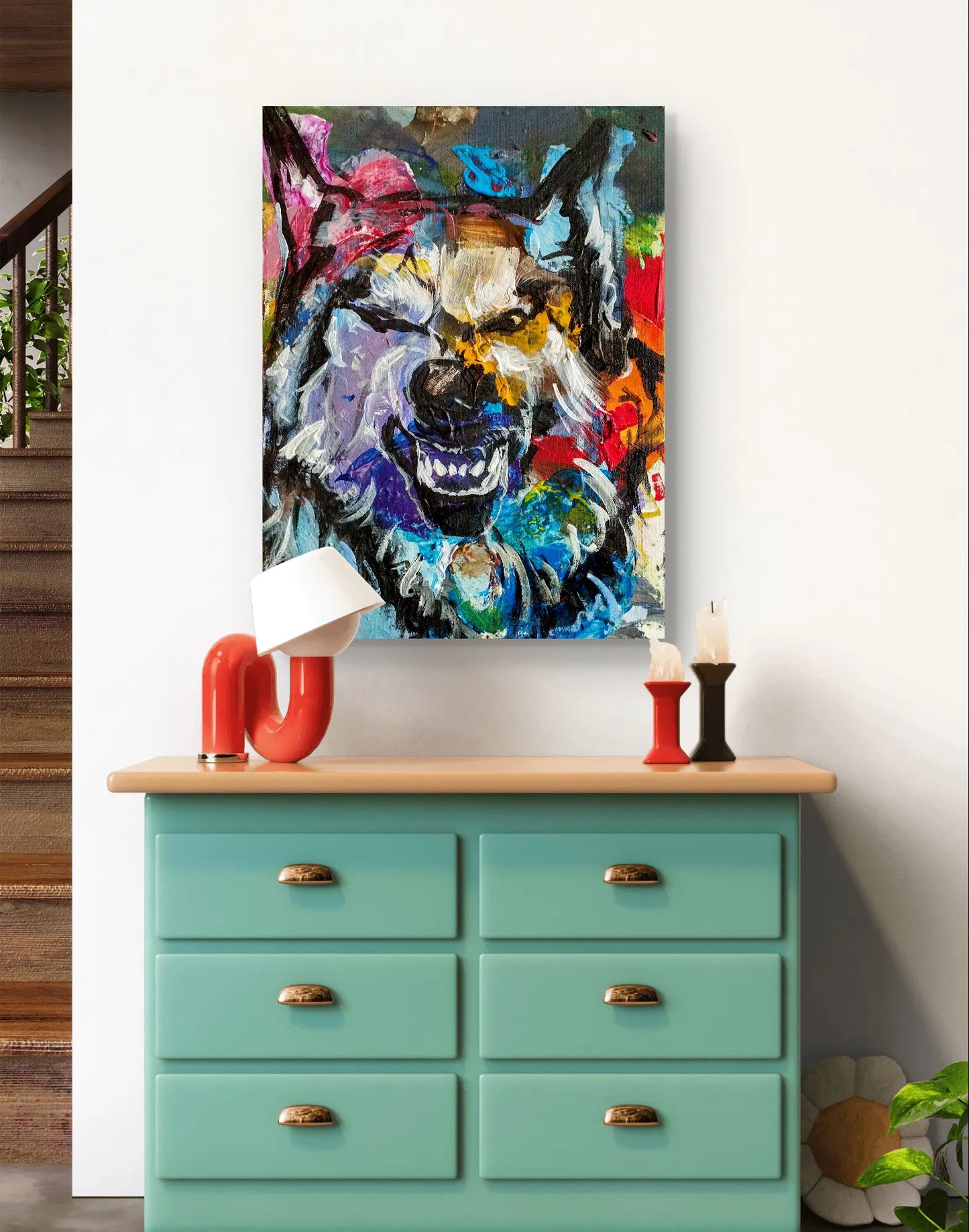 H1Z ART Acrylbild Gemälde Wolf Wilde Wut– handgemaltes Original Acrylbild (40 x 30 cm)