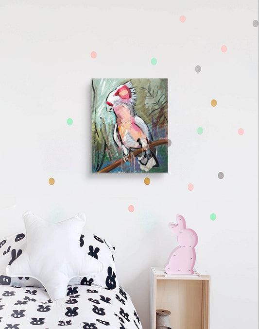 Expressiv-realistisches Gemälde Rosakakadu – handgemaltes Original Acrylbild (50 x 40 cm) auf Leinwand von H1Z ART in lebendiger Atmosphäre