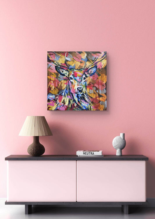 Expressiv-realistisches Gemälde Reh im Abendrot – handgemaltes Original Acrylbild (60 x 60 cm) auf Leinwand von H1Z ART in lebendiger Atmosphäre