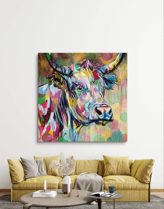 Expressiv-realistisches Gemälde bunte Kuh – handgemaltes Original Acrylbild (120 x 120 cm) auf Leinwand von H1Z ART in lebendiger Atmosphäre