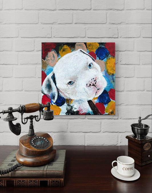 Expressiv-realistisches Gemälde süßer Welpen– handgemaltes Original Acrylbild (20 x 20 cm) auf Leinwand von H1Z ART in lebendiger Atmosphäre