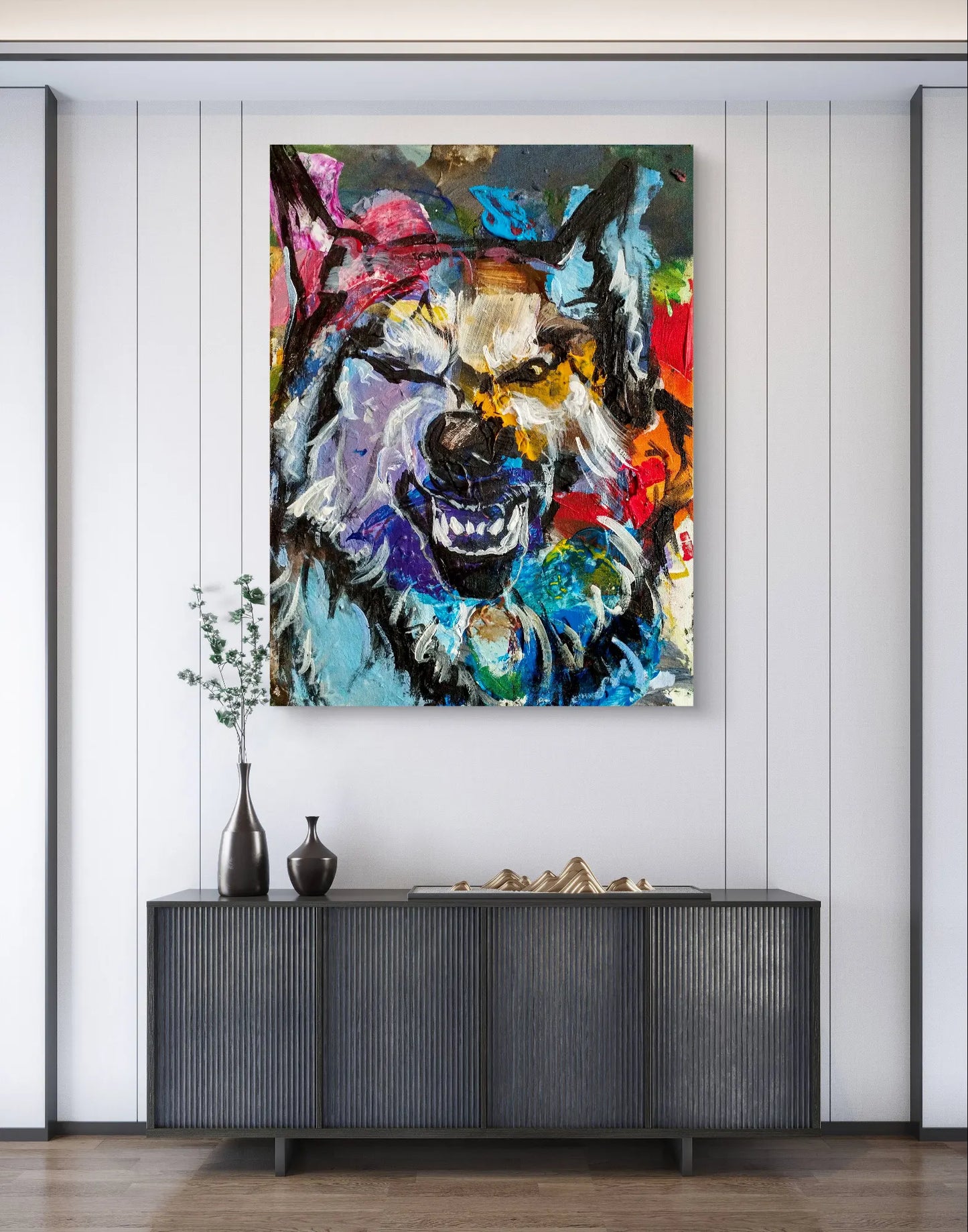 H1Z ART Acrylbild Gemälde Wolf Wilde Wut– handgemaltes Original Acrylbild (40 x 30 cm)