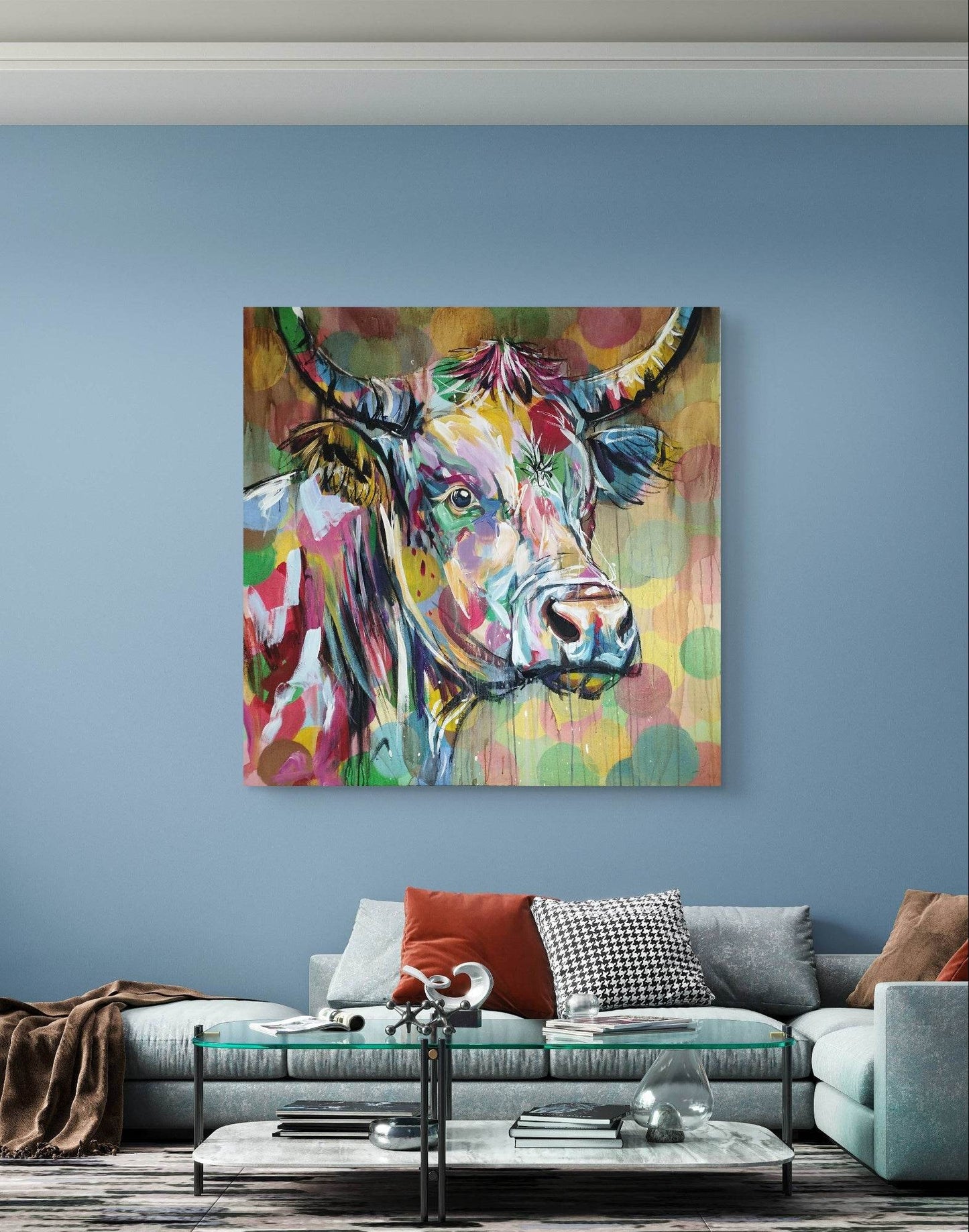 H1Z ART Acrylbild Gemälde bunte Kuh – handgemaltes Original Acrylbild (120 x 120 cm)